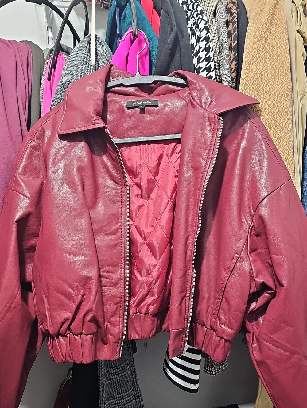 Olivia + Joy Wine-Red Quilted-Liner Faux Leather Bomber Jacket